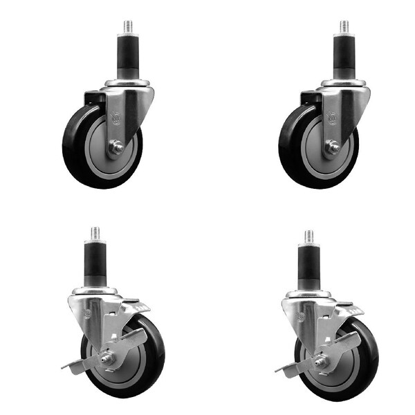 Service Caster 4'' Black Poly Wheel Swivel 1-1/4'' Expanding Stem Caster Set 2 Brakes, 4PK SCC-EX20S414-PPUB-BLK-2-TLB-2-114 - main